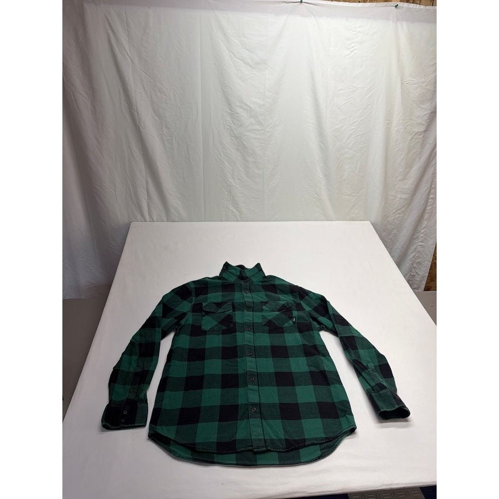 Vans Mens Green Black Plaid Flannel Shirt Classic Fit Large Button Up
